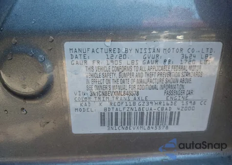 2021 Nissan Versa Sv Xtronic Cvt из США, поврежденный, VIN 3N1CN8EVXML845578